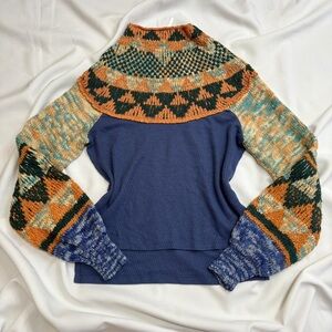 Free People Blue and Orange Cowl Neck Sweater
